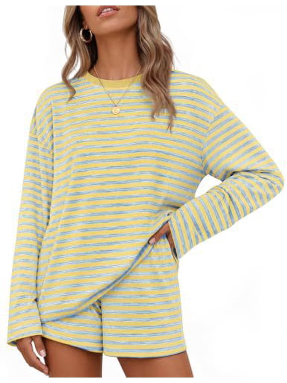 2 Piece Sets for Women Summer Striped Long Sleeve Tops Short Pants Loose Fit Lounge Comfy Fall Matching Sets Airport Travel Clothes