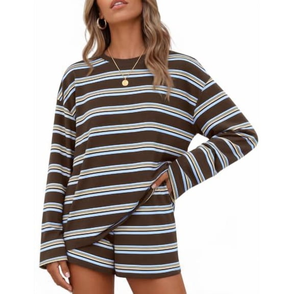 2 Piece Sets for Women Summer Striped Long Sleeve Tops Short Pants Loose Fit Lounge Comfy Fall Matching Sets Airport Travel Clothes