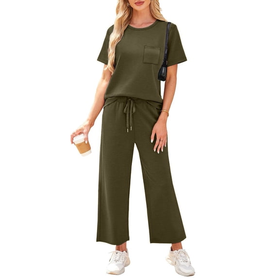 Two Piece Sets for Women Casual Travel Vacation Outfits Summer Short Sleeve Tops Wide Leg Crop Pants Lounge Sets Army Green S