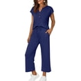 thumbnail image 1 of 2 Piece Sets for Women Summer Travel Vacation Outfits V Neck Button Cap Sleeve Tops Matching Drawstring Wide Leg Pants, 1 of 9