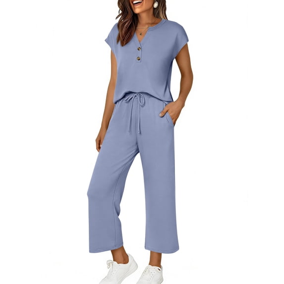 2 Piece Sets for Women Summer Travel Vacation Outfits V Neck Button Cap Sleeve Tops Matching Drawstring Wide Leg Pants