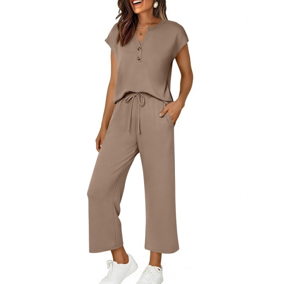 2 Piece Sets for Women Summer Travel Vacation Outfits V Neck Button Cap Sleeve Tops Matching Drawstring Wide Leg Pants