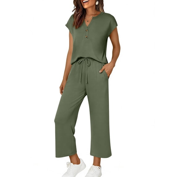 2 Piece Sets for Women Summer Travel Vacation Outfits V Neck Button Cap Sleeve Tops Matching Drawstring Wide Leg Pants