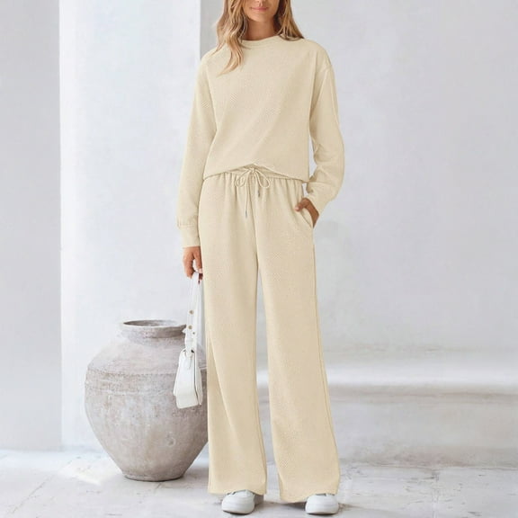 2 Piece Sets for Women Sweatsuit Casual Tracksuit Long Sleeve Crewneck Sweatshirt Wide Leg Pants 2025 Lounge Outfits Beige XL