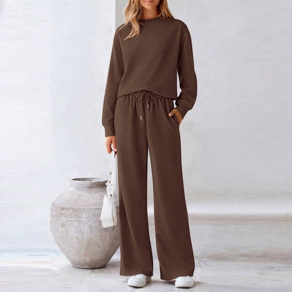 2 Piece Sets for Women Sweatsuit Casual Tracksuit Long Sleeve Crewneck Sweatshirt Wide Leg Pants 2025 Lounge Outfits Coffee S