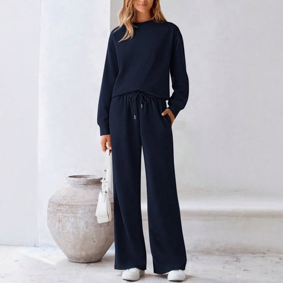 2 Piece Sets for Women Sweatsuit Casual Tracksuit Long Sleeve Crewneck Sweatshirt Wide Leg Pants 2025 Lounge Outfits Navy XL
