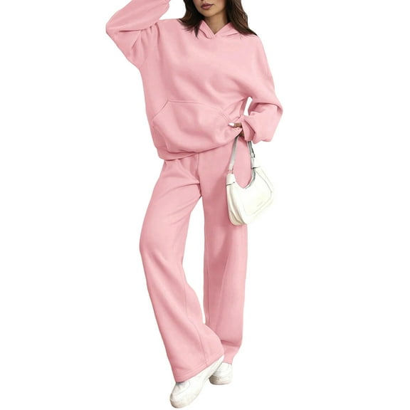 2 Piece Sets for Women Sweatsuits Casual Hoodie Jacket Wide Leg Sweatpants Fall Outfits Lounge Sets Pink L