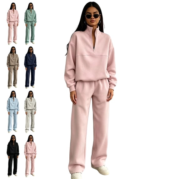 2 Piece Sets for Women Sweatsuits Fall Trendy Womens Lounge Set Travel Casual Long Sleeve Half Zip Sweatshirt Sweatpants Matching Set Pink XXXL
