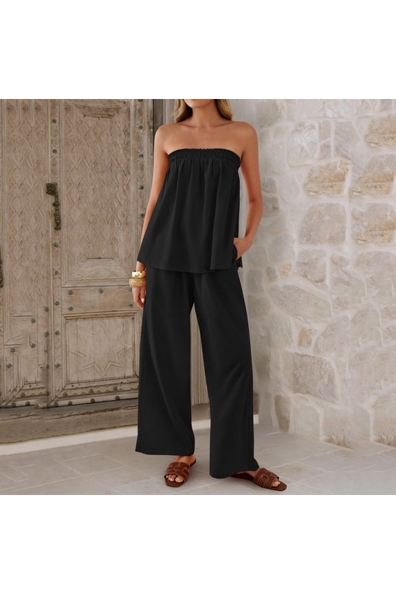 2 Piece Sets for Women Trendy Strapless Rompers 2026 Ruched Tube Top Wide Leg Beach Vacation Summer Outfits