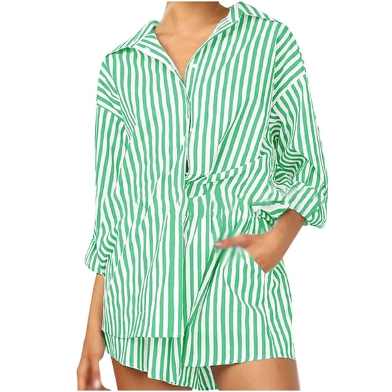 2 Piece Sets for Women Two Piece Pants Outfits Linen Women Flip Collar Stripe Button Long Sleeved Jacket Elastic Waist Shorts New & Trending