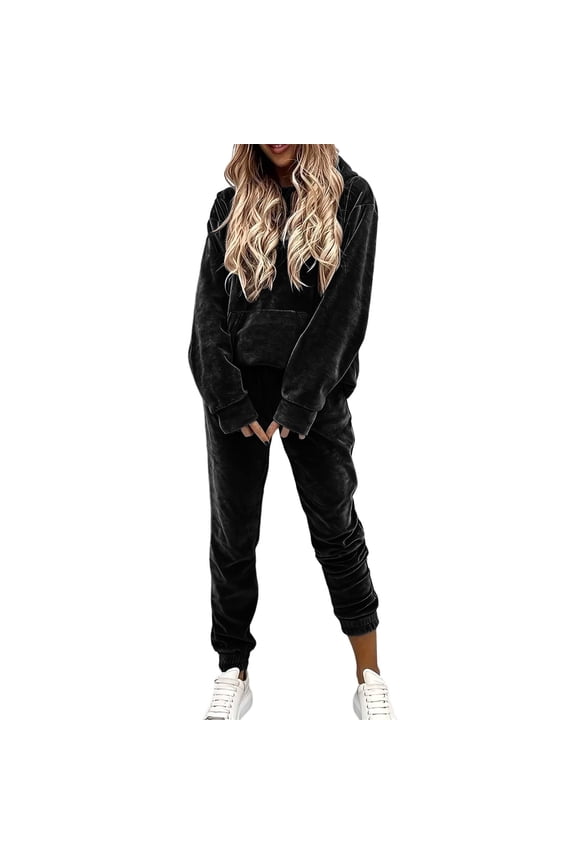 2 Piece Sets for Women Velour Long Sleeve Sweatshirts Joggers Pants Casual Outfits Comfy Fall Winter Sweatsuit,Black,M