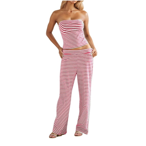 2 Piece Sets for Women,Womens Striped Two Piece Sets Summer Lounge Outfits Sleeveless Tube Top and Pants Matching Set Beach Vacation Travel Y2k