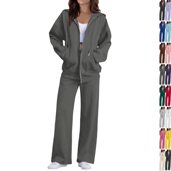 2 Piece Sets for Women Zip Up Hoodie Wide Leg Sweatpants Matching Set Lounge Outfit Comfort Casual Fall Winter Tracksuit,3XL,Dark Gray