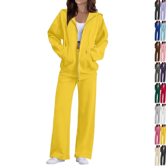 2 Piece Sets for Women Zip Up Hoodie Wide Leg Sweatpants Matching Set Lounge Outfit Comfort Casual Fall Winter Tracksuit,L,Yellow