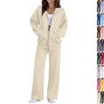 thumbnail image 1 of 2 Piece Sets for Women Zip Up Hoodie Wide Leg Sweatpants Matching Set Lounge Outfit Comfort Casual Fall Winter Tracksuit,XXL,Khaki, 1 of 7