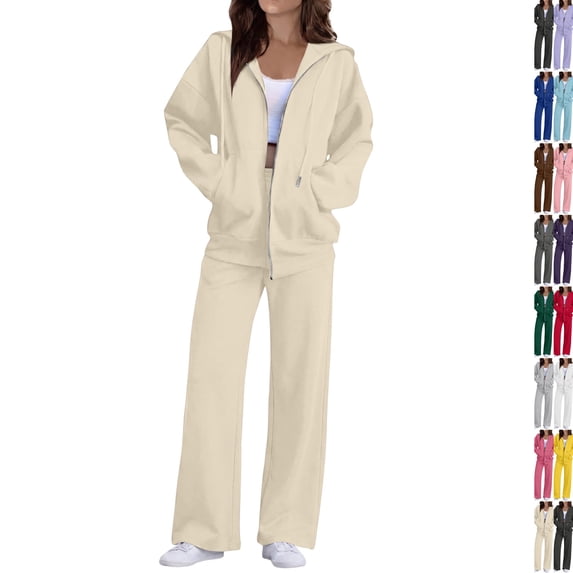 2 Piece Sets for Women Zip Up Hoodie Wide Leg Sweatpants Matching Set Lounge Outfit Comfort Casual Fall Winter Tracksuit,XXL,Khaki