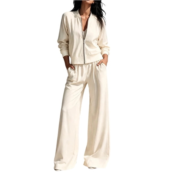 2 Piece Sets for Women Zip Up Mock Neck Jacket and Wide Leg Pants Tracksuit Regular Breathable Athleisure Outfits ,L