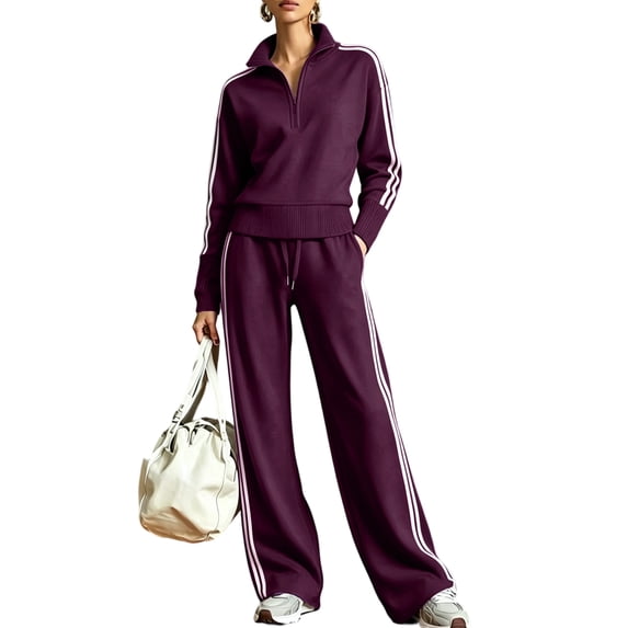 2 Piece Sets for Womens Half Zip Sweatshirts Striped Pullover Wide Leg Sweatpants Drawstring Waist Tracksuit Tracksuit Lounge Outfits Set