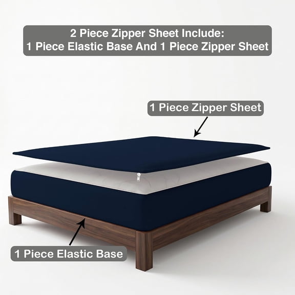 2 Piece Sheet has Zipper Fitted Sheet, (Olympic Queen Size 66x80) 6 Inch Deep Pocket, 100% Egyptian Cotton, 800 TC, Solid Navy Blue Color.