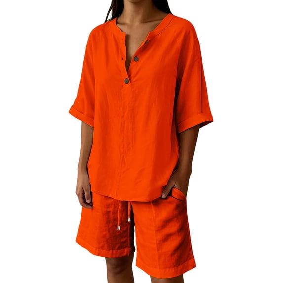2 Piece Short Sets For Women,Matching Two Piece Pajama Fashion Oversized Shirts And Shorts Spring Outfit 2026 Orange XL
