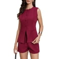 thumbnail image 1 of INSPIRE CHIC 2 Piece Short Sets Women Crew Neck Button Vest Shorts Business Casual Outfits Blazer Suit Set XS Dark Red, 1 of 6