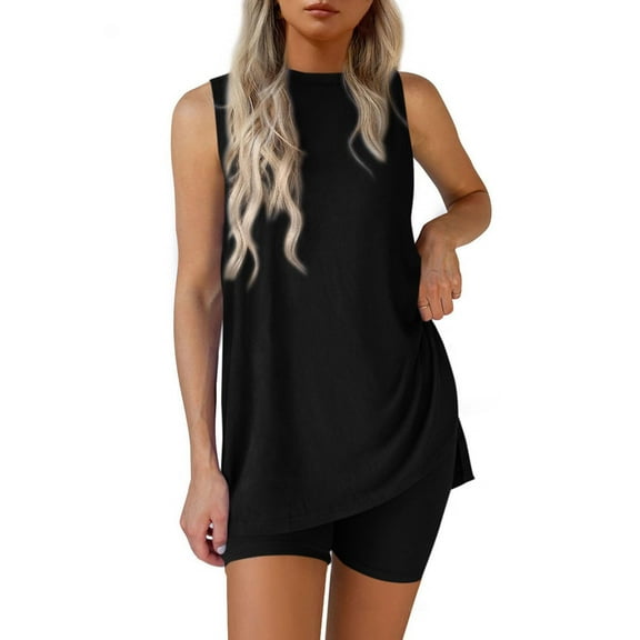 2 Piece Short Sets for Women, Fadeal Two Piece Sets for Women Summer Matching Shorts Set Side Split Tank Tops and Biker Shorts Loungewear Outfits Summer Sets for Women 2025 Black M