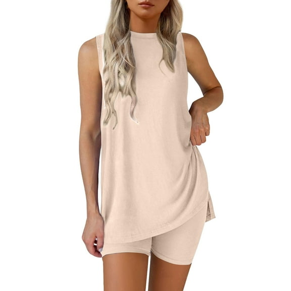 2 Piece Short Sets for Women, Fadeal Two Piece Sets for Women Summer Matching Shorts Set Side Split Tank Tops and Biker Shorts Loungewear Outfits Summer Sets for Women 2025 Beige L