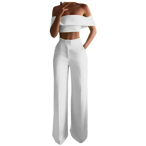 2 Piece Short Sets for Women Fall Plus Size Linen Sets for Women 2 Piece Plus Women'S Spring/Summer Solid One-Line Shoulder Ruffled Short Sleeve Floor-Length Pocket Pantsuit