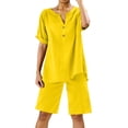 thumbnail image 1 of 2 Piece Short Sets for Women Summer Outfits Casual Wide Leg Blouse with Pockets and Elastic Pants Summer Sets V Neck Shirt Trousers Fashion Streetwear, 1 of 5