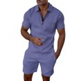 thumbnail image 1 of 2 Piece Short Sets for Men Summer Beach Outfits Striped Texture Zipper Shirts & Shorts Casual Vacation Set, 1 of 5