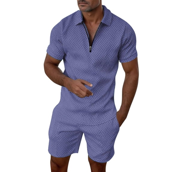 2 Piece Short Sets for Men Summer Beach Outfits Striped Texture Zipper Shirts & Shorts Casual Vacation Set