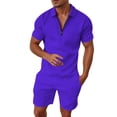 thumbnail image 1 of 2 Piece Short Sets for Men Summer Beach Outfits Striped Texture Zipper Shirts & Shorts Casual Vacation Set, 1 of 5