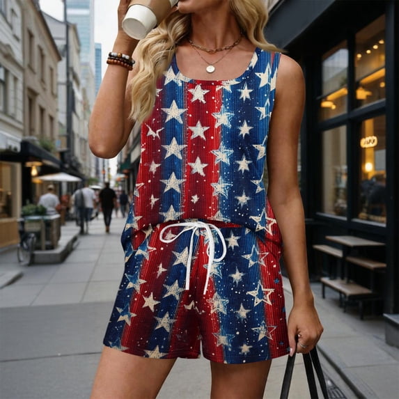 2 Piece Short Sets for Women 250 Anniversary Usa Shirts and Short Sets Patriotic Tank Square Neck Sleeveless Sweatsuit