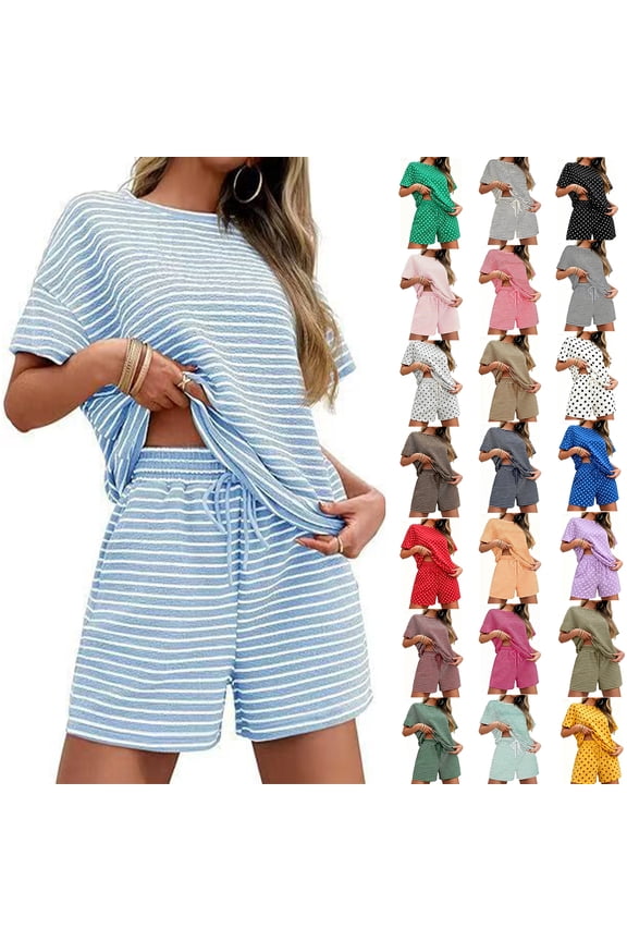 2 Piece Short Sets for Women Breathable Crew Neck Short Sleeve Striped Shirt and Bermuda Drawstring Shorts Matching Pajama Set Summer Lounge Set, M