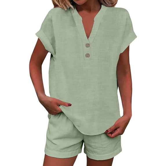 2 Piece Short Sets for Women Linen Short Sleeve Outfits Casual Summer Shorts Set with Pockets,Mint Green S