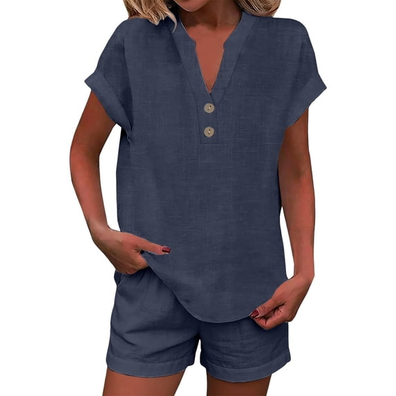 2 Piece Short Sets for Women Linen Short Sleeve Outfits Casual Summer Shorts Set with Pockets,Navy M