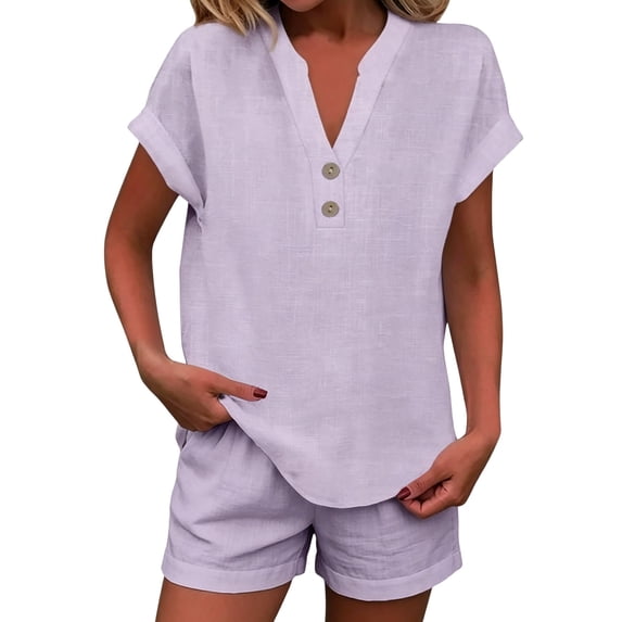 2 Piece Short Sets for Women Linen Short Sleeve Outfits Casual Summer Shorts Set with Pockets,Purple S