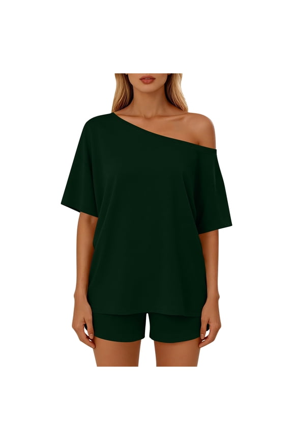 2 Piece Short Sets for Women Lounge Pjs Cute off Shoulder Top Shorts Pajamas Summer Outfits for Spring Summer Green