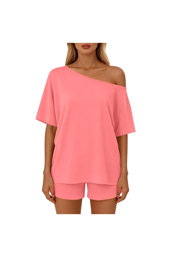 2 Piece Short Sets for Women Lounge Pjs Cute off Shoulder Top Shorts Pajamas Summer Outfits for Spring Summer Pink