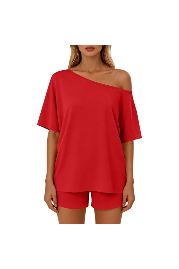2 Piece Short Sets for Women Lounge Pjs Cute off Shoulder Top Shorts Pajamas Summer Outfits for Spring Summer Red