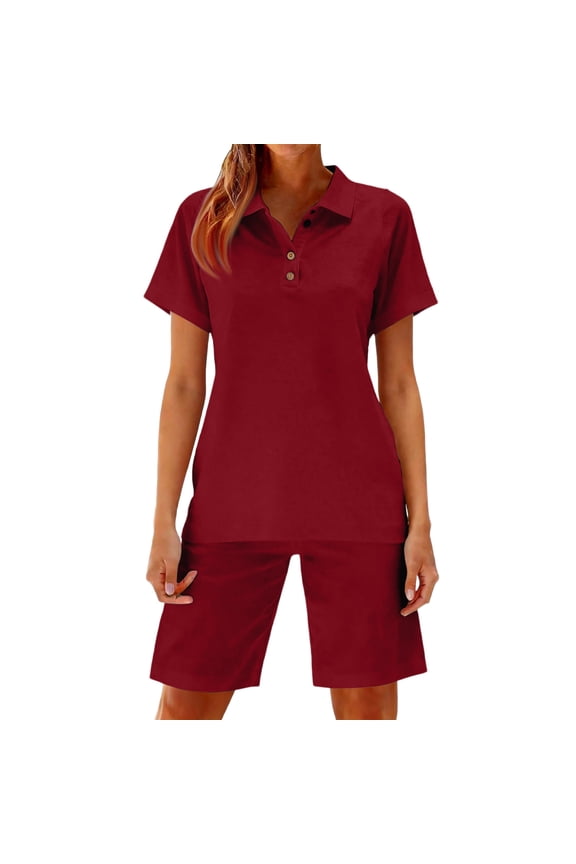 2 Piece Short Sets for Women Summer Cotton Linen Short Sleeve Button Polo Collared Tops Lounge Bermuda Shorts Set with Pocket
