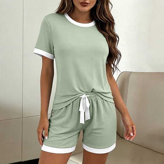 2 Piece Short Sets for Women Summer Outfits Crew Neck Short Sleeve Matching Lounge Sets with Pockets (Green,Free Size)