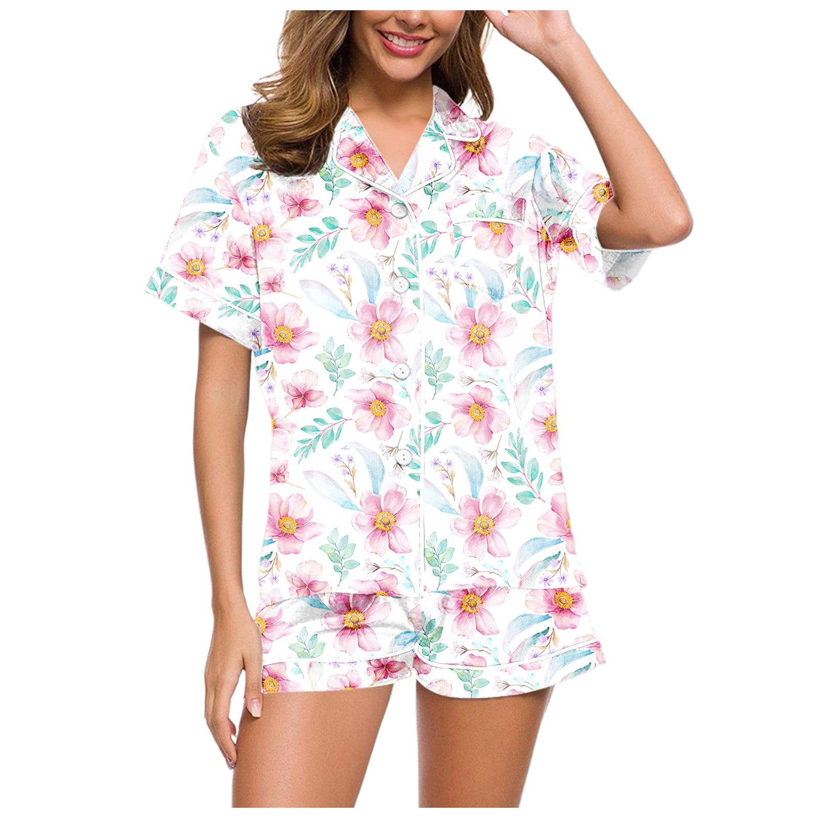 2 Piece Short Sets for Women Summer Pajama Sets Silk Satin Short Sleeve