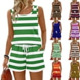 thumbnail image 1 of 2 Piece Short Sets for Women Vacation Beach Outfits Striped Square Neck Tank Tops & Drawstring Boho Shorts Set Tropical Loungewear,Green XXXL, 1 of 7