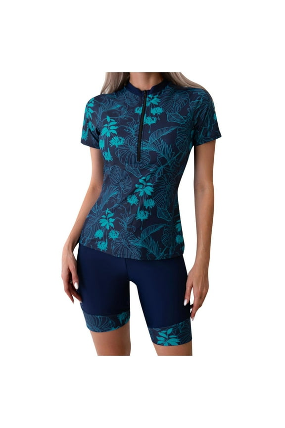 2 Piece Short Sleeve Athletic Swimsuits for Women Half Zip Upf 50+ Swim Tankini Sets Workout Athletic Swimsuits Navy XL