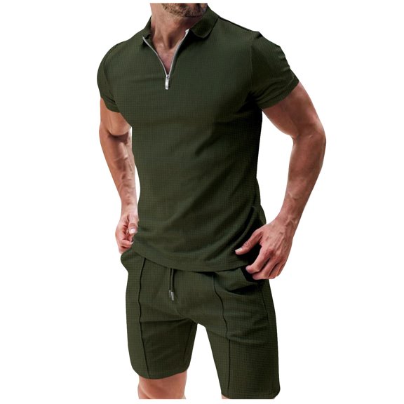 2 Piece Short Sleeve Tracksuits for Men Quarter Zip Lapel V Neck Slim Fit Shirts with Drawstring Shorts Workout Jogging Casual Sets Army Green,L