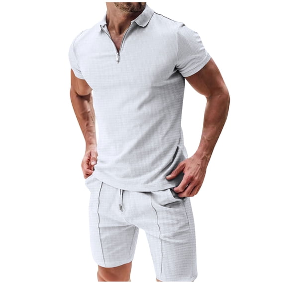 2 Piece Short Sleeve Tracksuits for Men Quarter Zip Lapel V Neck Slim Fit Shirts with Drawstring Shorts Workout Jogging Casual Sets White,2XL