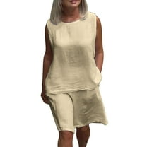 2 Piece Shorts Set for Women Cotton Linen Sets, Ladies Summer Casual Sleeveless Tank Tops Bermuda Shorts with Pockets, Beach Outfits Cotton Linen Pant Sets for Women 2 Piece Khaki 3XL