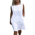 thumbnail image 1 of 2 Piece Shorts Set for Women Cotton Linen Sets, Ladies Summer Casual Sleeveless Tank Tops Bermuda Shorts with Pockets, Beach Outfits Yoga Outfits for Women 2 Piece Set White 3XL, 1 of 9