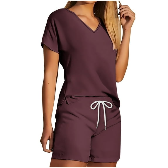 2 Piece Shorts Set for Women Loungewear Lounge Sets Slit V-Neck T-Shirt with Drawstring Short Pant